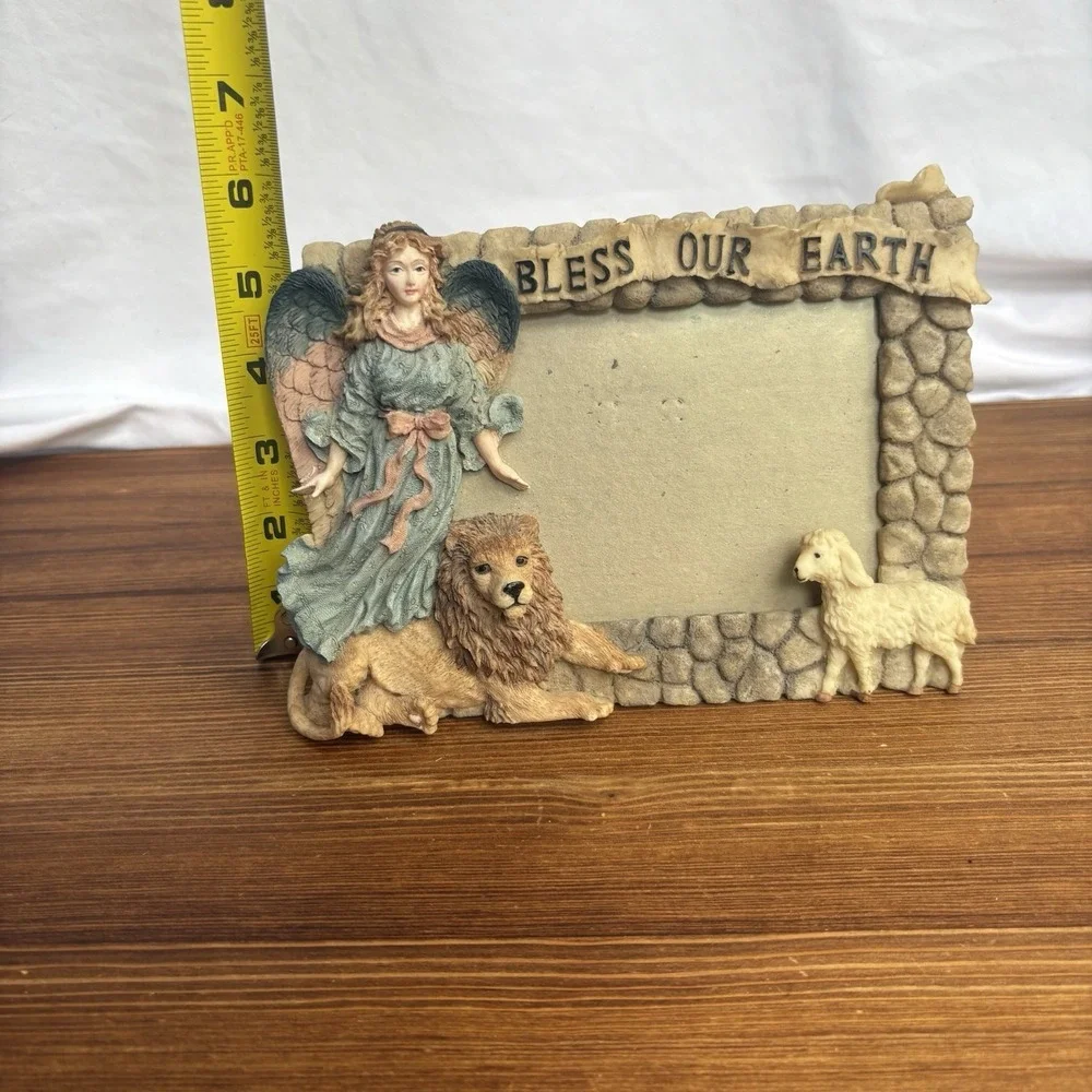 Bless Our Earth Angel Lion Lamb Picture Frame Resin Religious Nature Decor